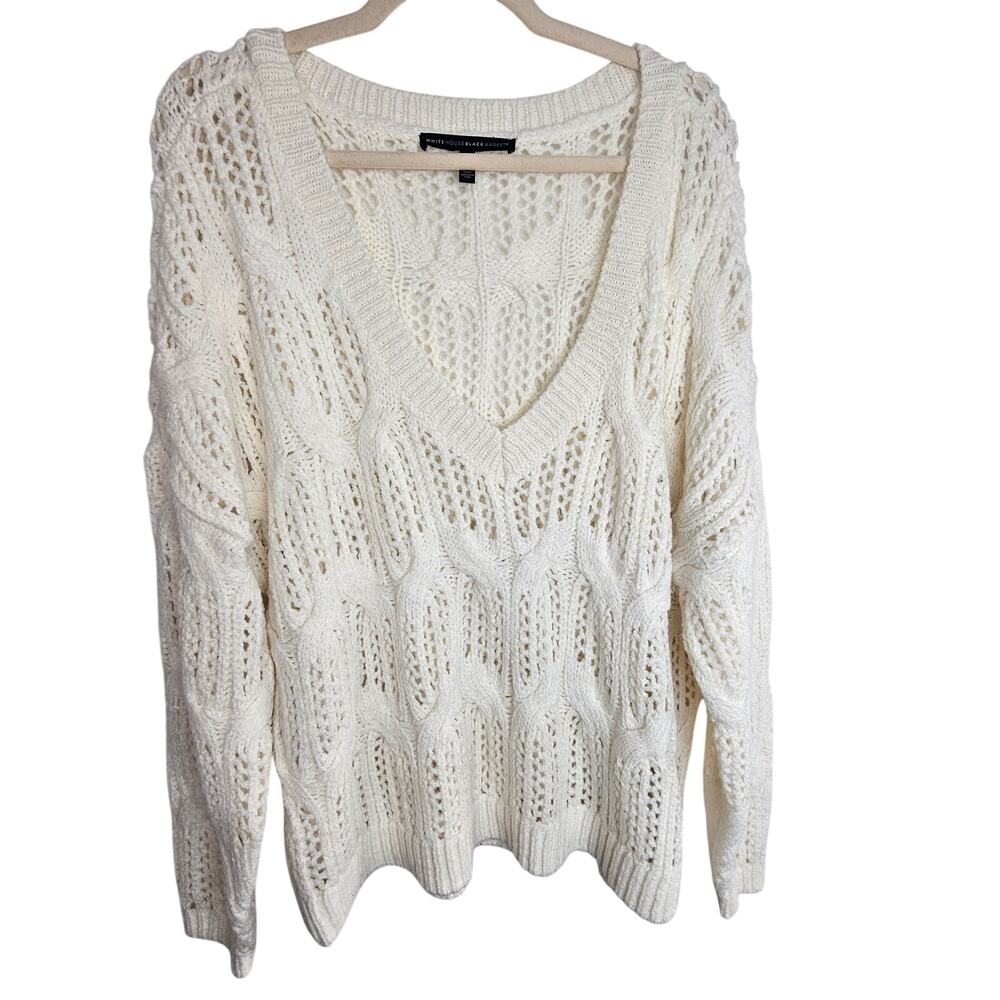 White House Black Market Womens Chunky Open Knit V-Neck Sweater Size XL Classic